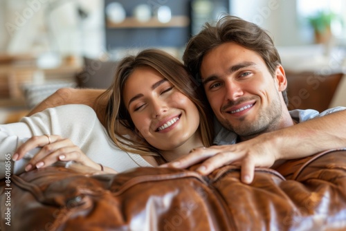 Couple smiling cuddling couch