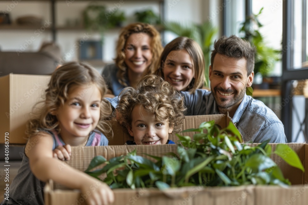 Happy family poses with plants box Happy family poses with plants box