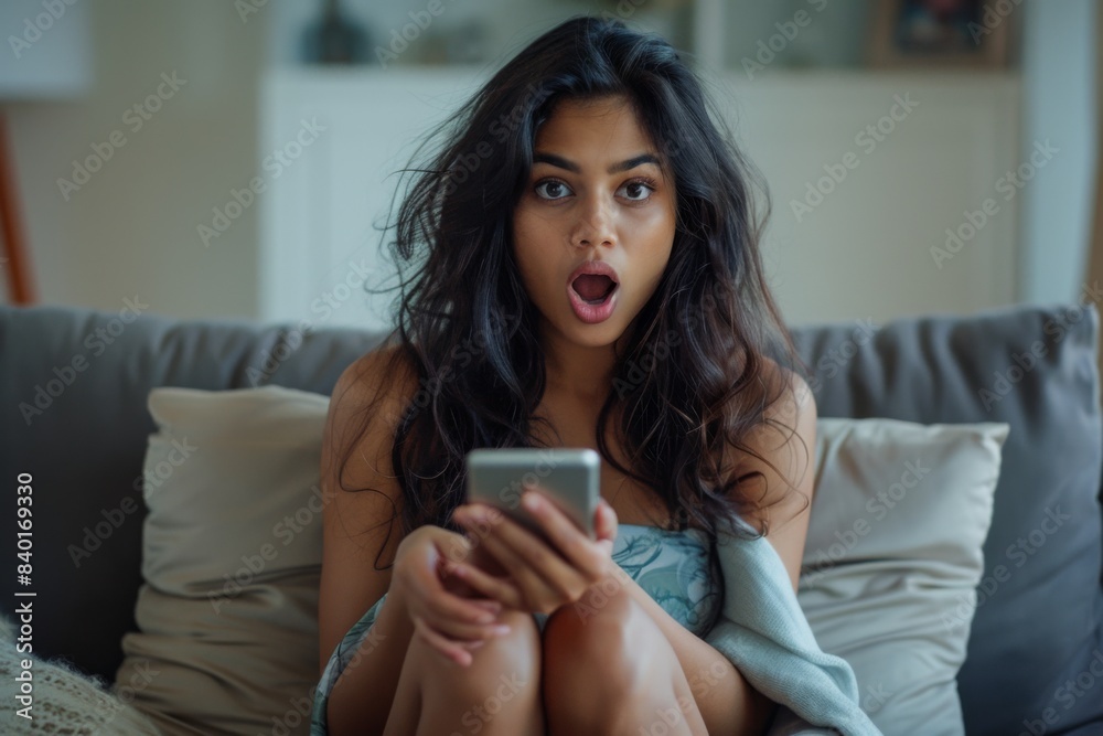 Lady on sofa holding phone Lady on sofa holding phone