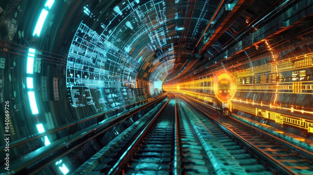 Futuristic High-Speed Rail System in a Digital Landscape with Holographic Global Shipping Routes and Real-Time Data Display Futuristic High-Speed Rail System in a Digital Landscape with Holographic Global Shipping Routes and Real-Time Data Display