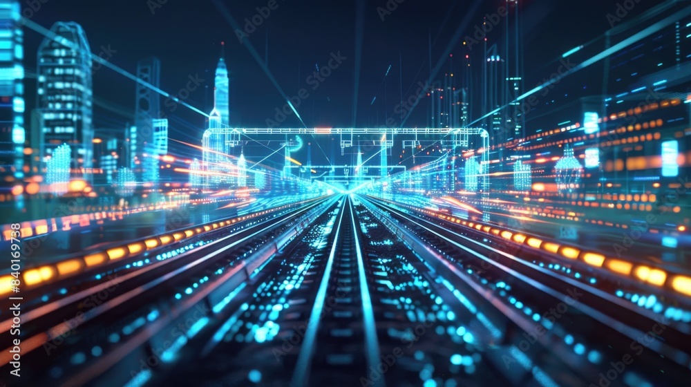 Futuristic High-Speed Cargo Rail System in Digital Landscape with Holographic Global Shipping Routes and Real-Time Data Display. Futuristic High-Speed Cargo Rail System in Digital Landscape with Holographic Global Shipping Routes and Real-Time Data Display.