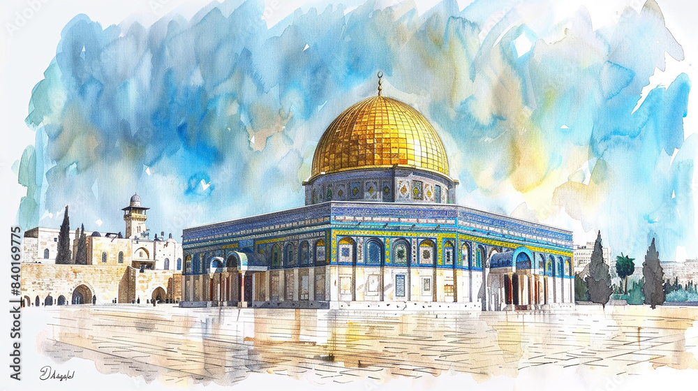Fototapeta premium Watercolor hand draw The Al-Aqsa Mosque in Jerusalem is one of the oldest mosques in the world and holds significant religious importance in Islam.