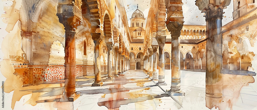 Obraz premium Watercolor hand draw The Great Mosque of Cordoba in Spain is a masterpiece of Moorish architecture