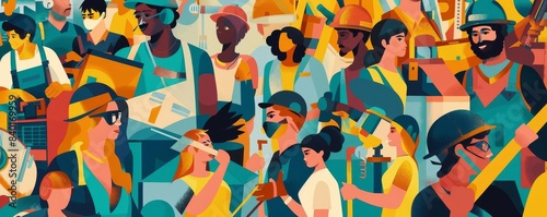 Labor Day workforce artwork with workers in different industries, vibrant colors and strong unity