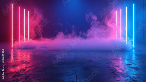 Eerie neon lights in empty studio room with floating smoke  ideal for product showcasing