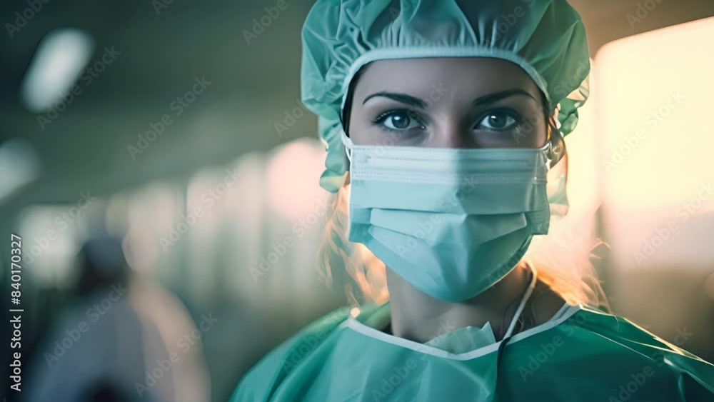 Close-up Young woman doctor in cap and face mask Close-up Young woman doctor in cap and face mask