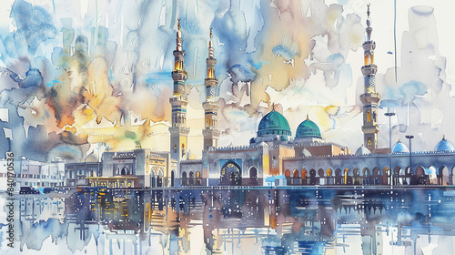 Watercolor hand draw The Prophets Mosque (Masjid an-Nabawi) in Medina Saudi Arabia photo