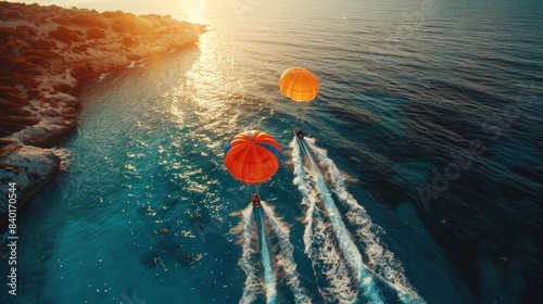 Parasailers towed by boats over turquoise water, summer vacation. photo