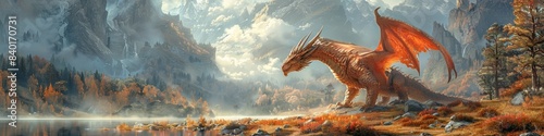 A dragon is seen standing next to a lake amidst towering mountains photo