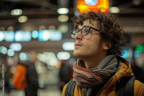 Man in spectacles and scarf gazing up at timepiece photo