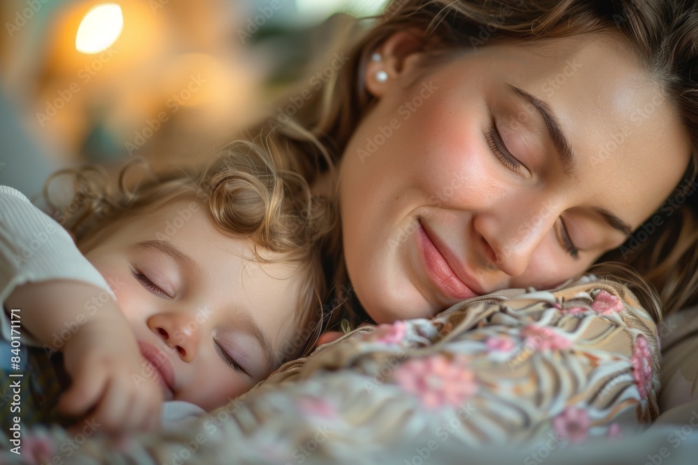 Woman, child sleeping on bed Woman, child sleeping on bed
