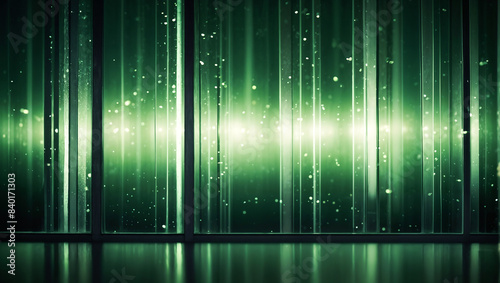Abstract green glowing lights streaks illuminating glass wall in futuristic room background