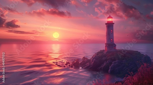 Lighthouse stands guard over a pink-hued coastal sunset