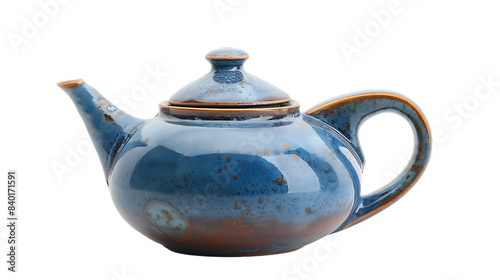 Blue ceramic teapot isolated on transparent background