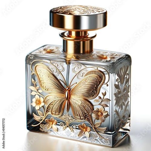 Detailreiches Bild eines luxuriösen Parfumflakons mit goldenen Verzierungen. Der Flakon ist mit filigranen Blumen- und Schmetterlingsmotiven dekoriert. Der Verschluss des Flakons ist elegant gestaltet photo