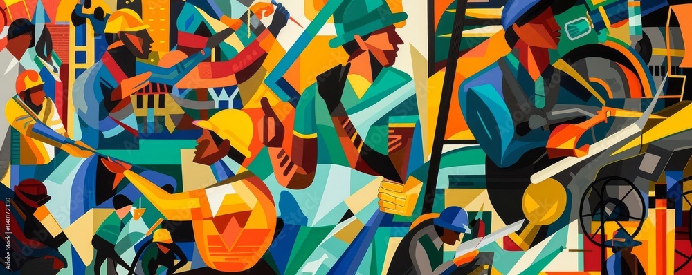 Fototapeta premium Vibrant depiction of Labor Day workforce with workers performing various jobs, energetic and bold