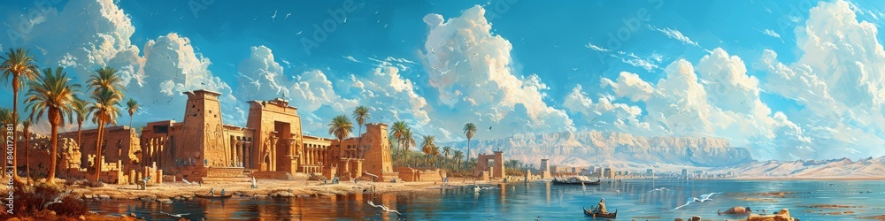 Obraz premium A painting featuring a castle by a lake with palm trees under a blue sky
