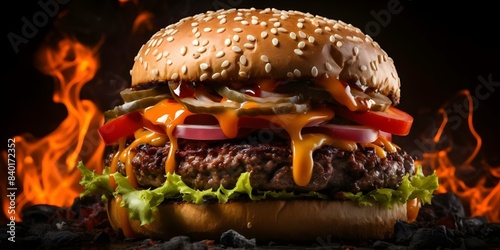 Dynamic burger menu with smoke and flames on a black background. Concept Food Photography, Burger Menu, Smoke Effect, Flame Details, Dark Background photo