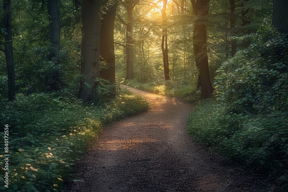 Fototapeta premium The sunshine filters through the trees along a forest path