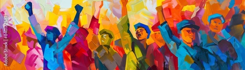 Vibrant depiction of Labor Day rights with workers advocating for their rights, energetic and bold