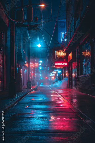 Dark, empty street with surreal neon and spotlights creating mysterious ambiance © ChubbyCat