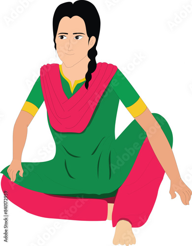 Indian girl sitting on floor pose for cartoon animation. Girl sitting on floor. Asian girl character design