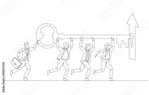Continuous one line drawing of business people helping each other insert key into open keyhole of up arrow, key to business team success concept, single line art.