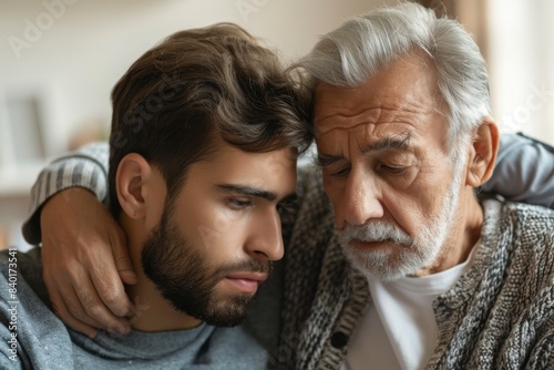 Elderly man embracing bearded senior man