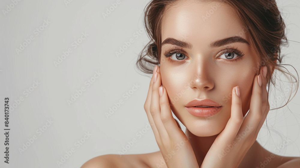 Beautiful woman with neat hair and healthy skin looks at the camera, natural makeup of a young beautiful model on a studio background with copy space, cosmetic concept Beautiful woman with neat hair and healthy skin looks at the camera, natural makeup of a young beautiful model on a studio background with copy space, cosmetic concept