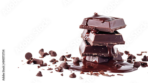 Broken chocolate blocks stack pile with sauce or sherbet isolated on transparent background