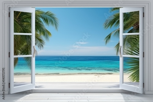 panoramic PVC door with a breathtaking view of the ocean. © Phuwadon