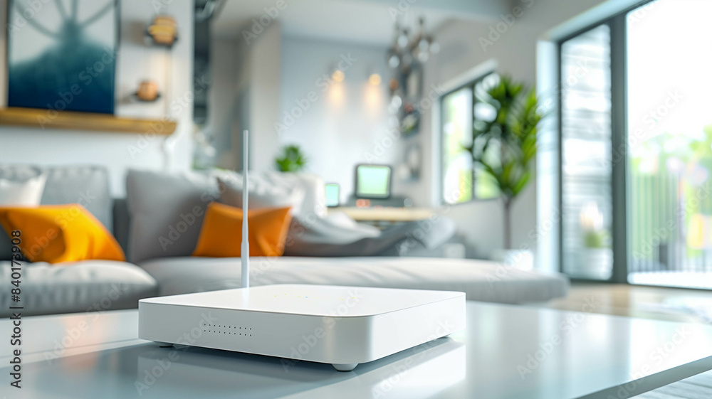 A high-speed router on a modern coffee table in a bright living room, showing seamless integration with home technology and secure networks. Ai generated A high-speed router on a modern coffee table in a bright living room, showing seamless integration with home technology and secure networks. Ai generated