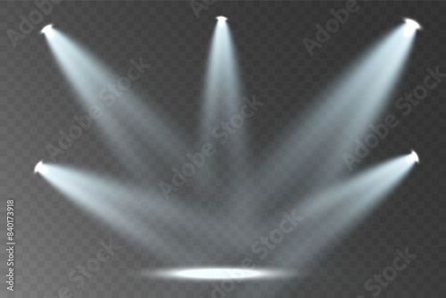 Light sources, concert lighting, spotlights. Concert spotlight with ray illuminated spotlights for web design illustration.	

