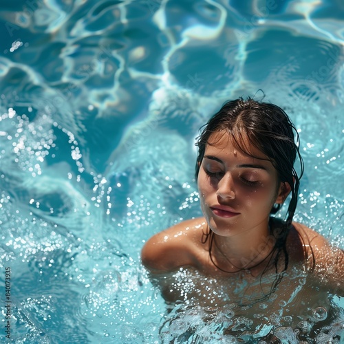 A young woman enjoys a relaxing swim in a blue pool on a sunny day
