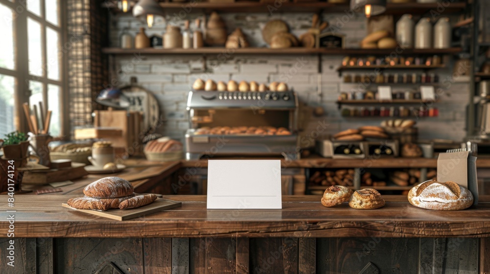 Artisanal Bakery Bliss Fresh Sourdough Pastries and Business Cards on Wooden Counter Artisanal Bakery Bliss Fresh Sourdough Pastries and Business Cards on Wooden Counter