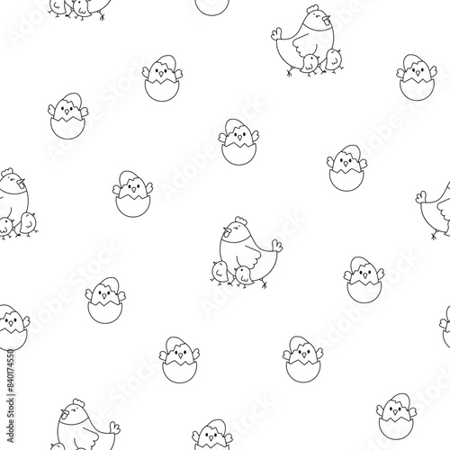 Hen rooster and chick. Seamless pattern. Coloring Page. Cute chicken farm characters. Vector drawing. Design ornaments.