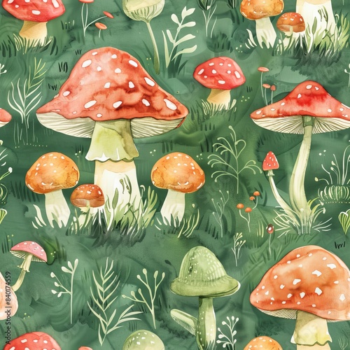 Watercolor whimsical mushrooms in the forrest with dragonfiles on a green background