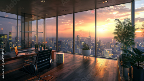A panoramic view of a modern office with large windows overlooking a bustling cityscape. Ai generated © Kiron