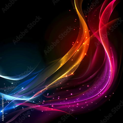 Elegant line waves with glowing colors moving upward. Neon lights abstract holographic background glowing colors, On black background
