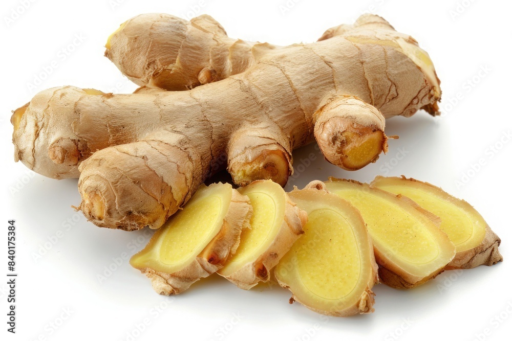 Whole ginger root and freshly cut slices on white background Whole ginger root and freshly cut slices on white background