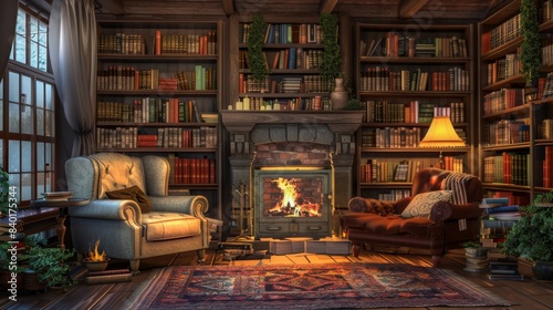 Enchanting Bookstore Ambiance Cozy Mysteries Crackling Fireplace and Blank Business Cards Await