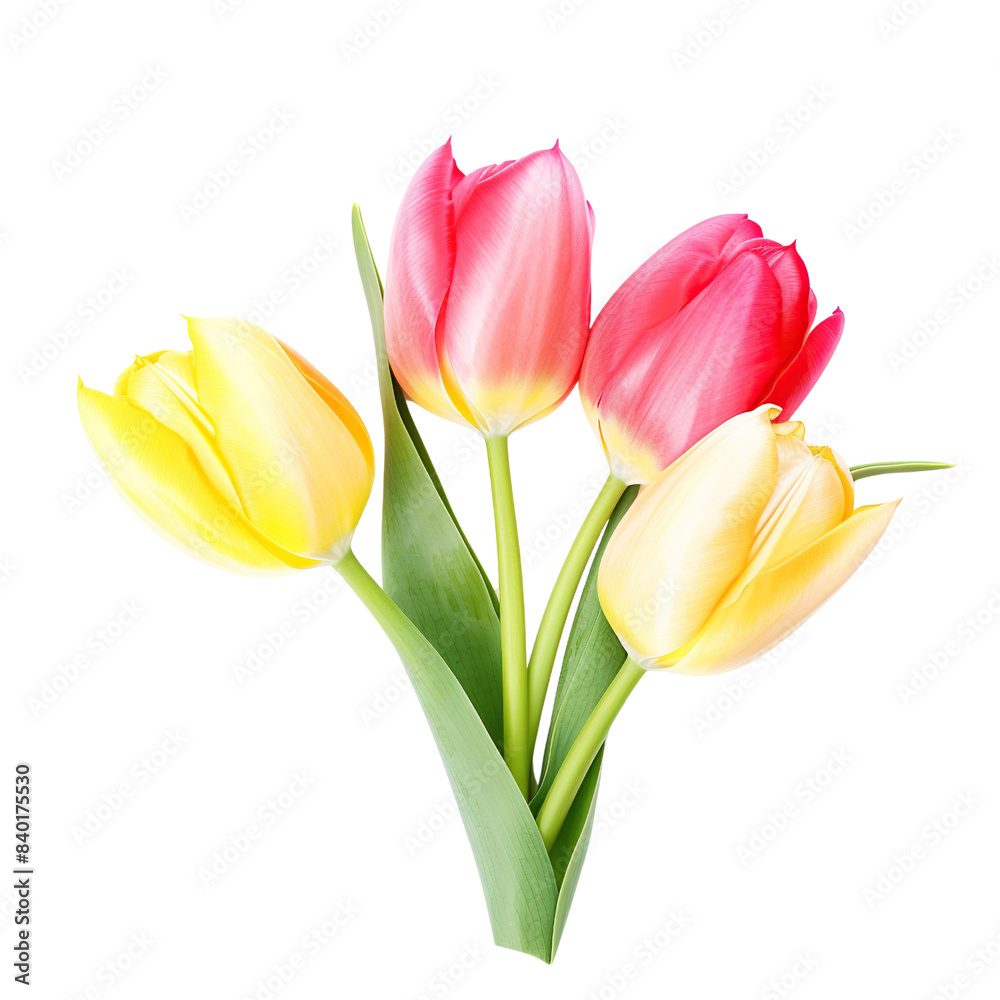 A collection of fresh natural pink, yellow, and red tulip flowers isolated on transparent or white background