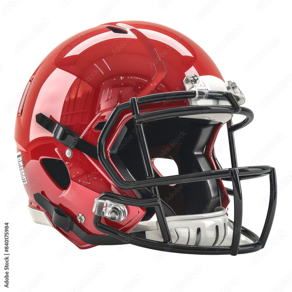 Fototapeta premium Red American football helmet with black faceguard, isolated on white background, perfect for sports equipment and safety gear concepts.