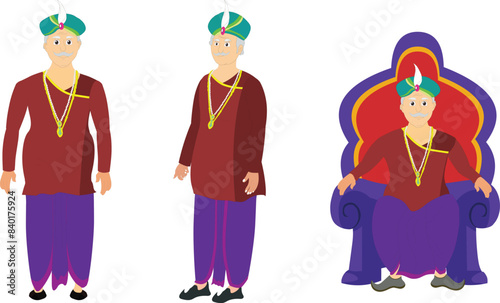 Indian king character set for cartoon animation. King model sheet. Asian king cartoon design