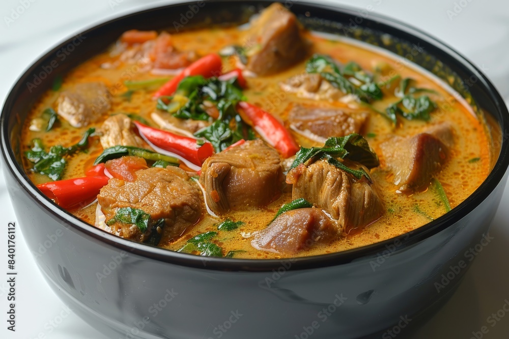 Spicy vegetable curry with bell peppers and herbs, served in a black bowl, ideal for a flavorful meal Spicy vegetable curry with bell peppers and herbs, served in a black bowl, ideal for a flavorful meal