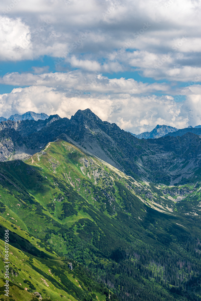 Swinica, Ladovy stit and many other peska of High Tatras mountains from Malolucniak hill in Western Tatras mountains Swinica, Ladovy stit and many other peska of High Tatras mountains from Malolucniak hill in Western Tatras mountains
