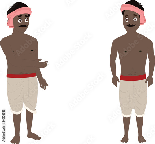 Indian village poor farmer character set for cartoon. Farmer model sheet. Indian village man wearing dhoti