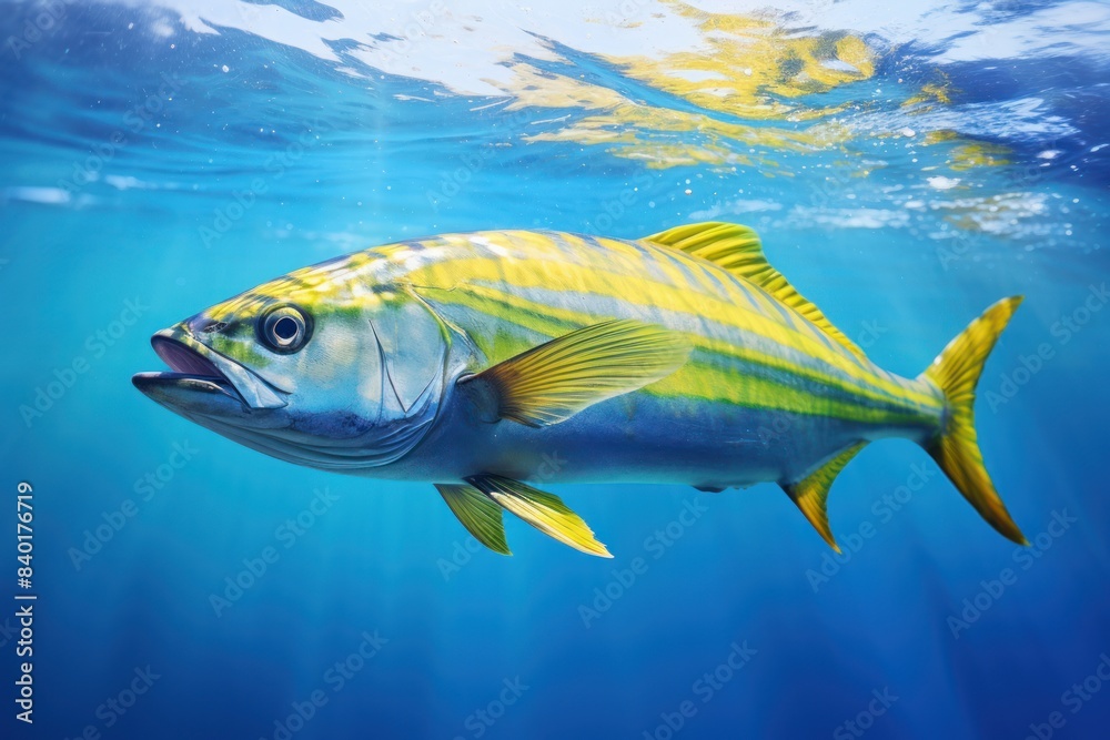 Naklejka premium underwater shot of a mahi-mahi swimming gracefully, emphasizing its vibrant blue and yellow stripes.