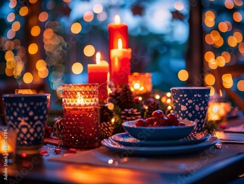 A festive table setting with candles, string lights, and a bowl of berries, creating a cozy and romantic atmosphere.