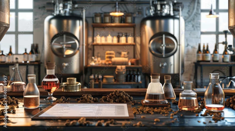 Brewing Innovation Craft Beer Lab with Fermentation Tanks Business Cards and Hops Varieties